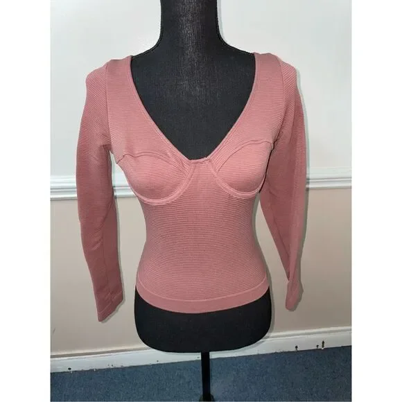 Victoria’s Secret Blush Colored Long Sleeve Skin Tight Body Suit Top - Picture 1 of 5